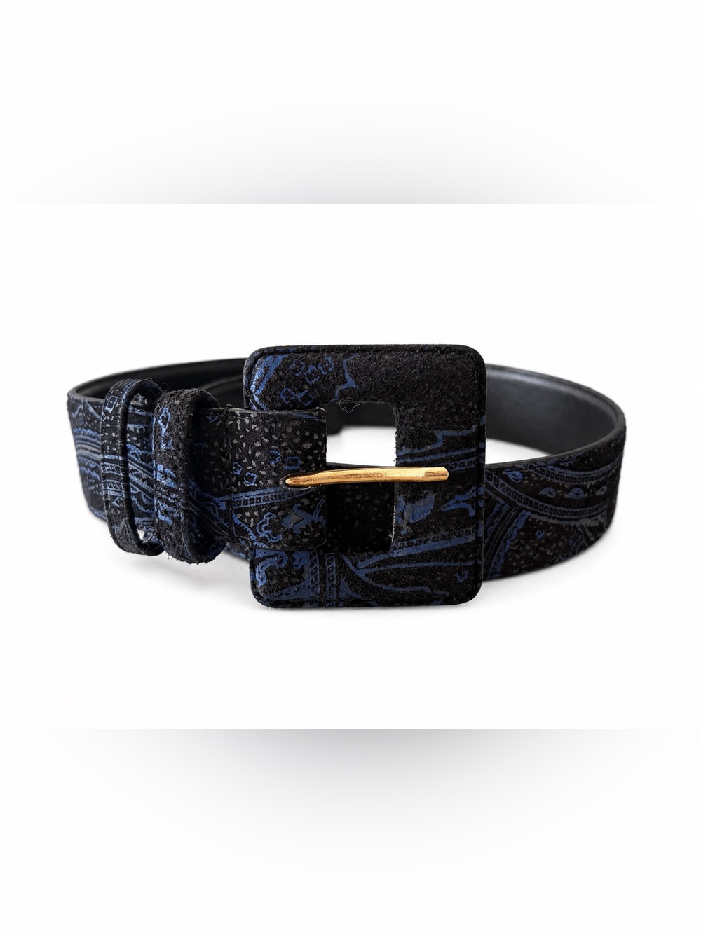 Navy Paisley Suede Square Buckle Belt Gold Toledano vintage leather wide small